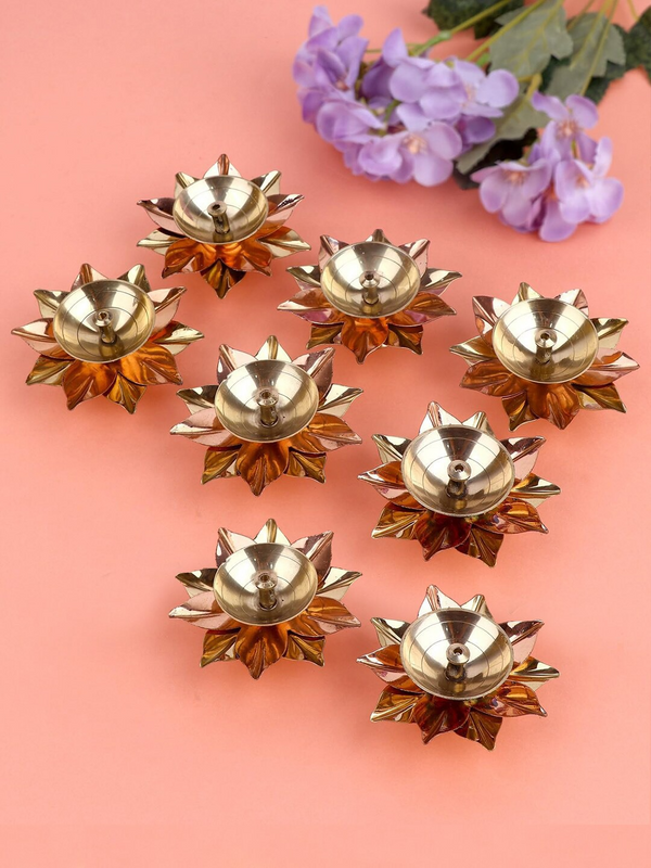 Gold Toned 8 Pieces Lotus Flower Shape Decorative Brass Diyas