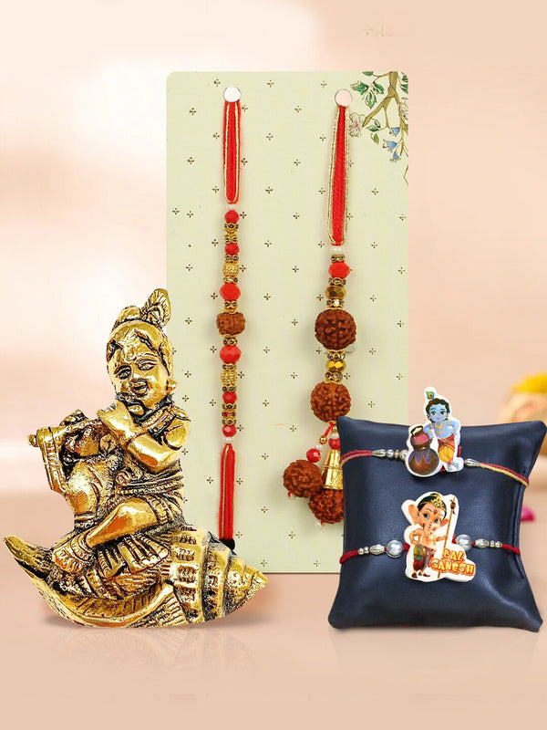 Set of 4 Rakhi for Brother Bhabhi & Kids with Statue Combo