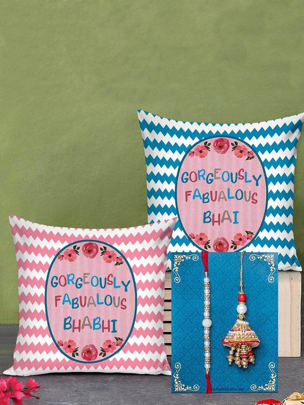 Designer Bhaiya Bhabhi Rakhi with Printed Cushion Combo Gift Set