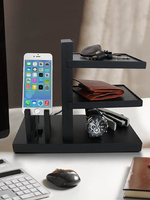 Black Wooden Pen Holder & Desk Organiser