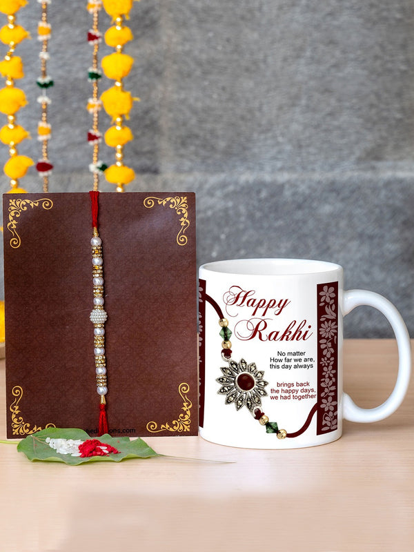 Red & White Rakhi With Printed Coffee Mug Combo Gift Set