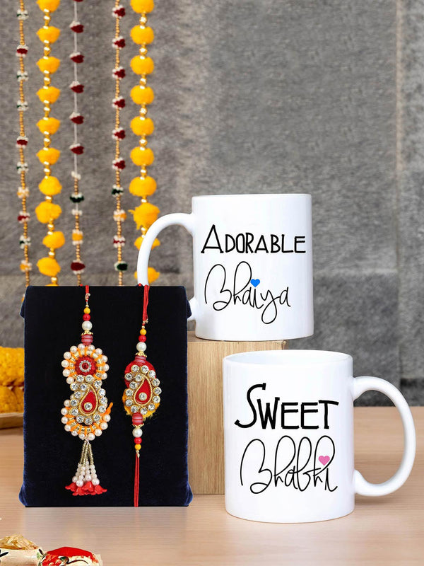 Set Of 3 Bhaiya Bhabhi Rakhi Set with Printed Coffee Mug Combo Gift Pack