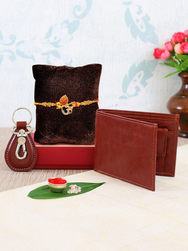 Om Rakhi With Leather Wallet & Keychain Combo