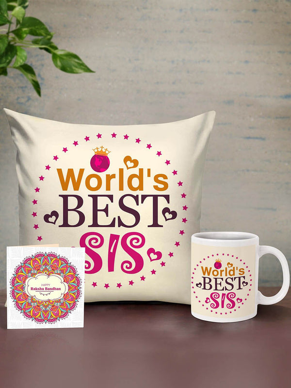 Muliticolored Printed Cushion with Mug & Card Combo Gifts Set for Sister