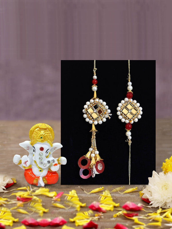 White & Gold-Toned Bhaiya Bhabhi Lumba Rakhi with Ganesha Idol Combo Gift Set
