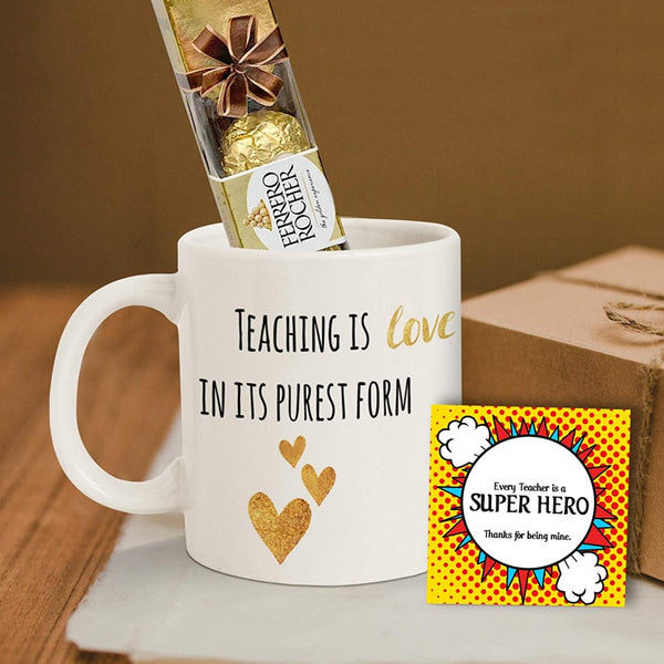 Lovely Teachers Day Printed Ceramic Mug With Ferrero Rocher And Small Card Combo Gift
