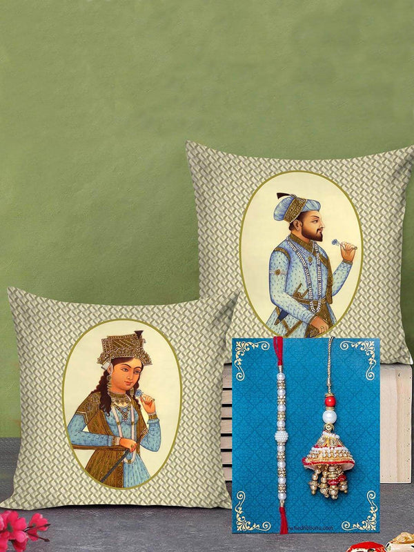 Designer Bhaiya Bhabhi Rakhi with Printed Cushion Combo Gift Set