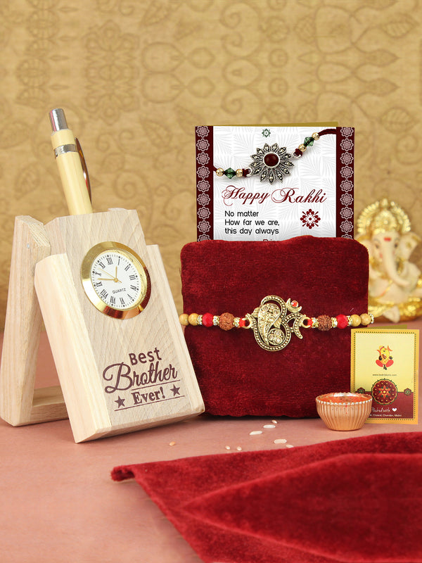 Rakhi for Brother with Gift Wooden Pen Stand with Pen and Greeting Card
