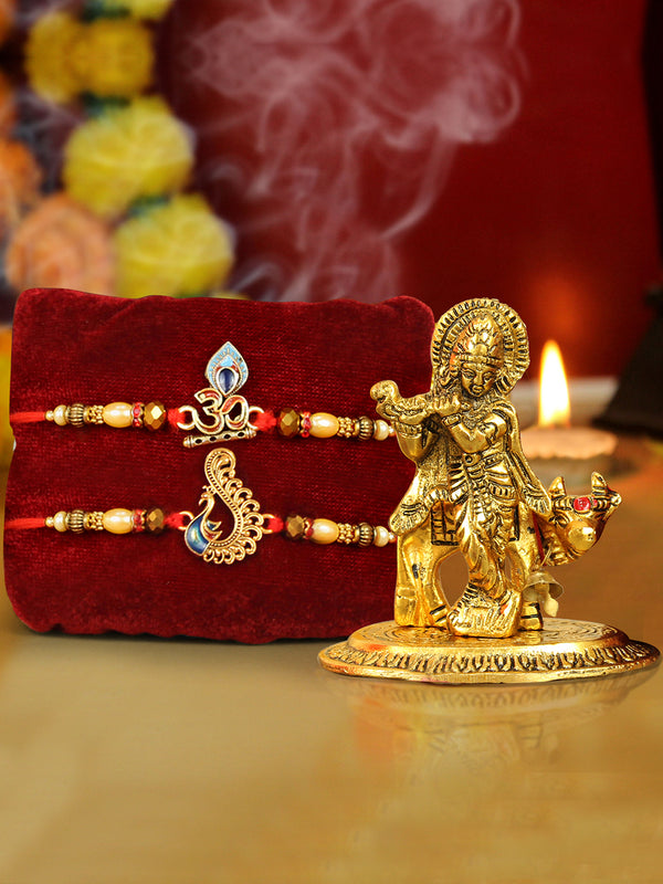 Rakhi for Brother Set of 2 with Gift - Designer Rakhi for Brother Men with Metal Idol Card