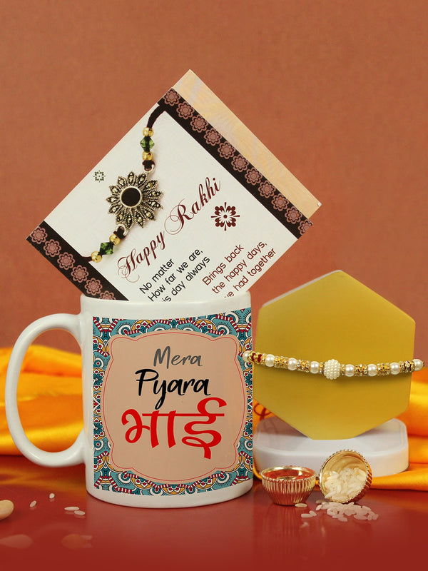 Premium Pearl Rakhi With Mug & Card Gift Set