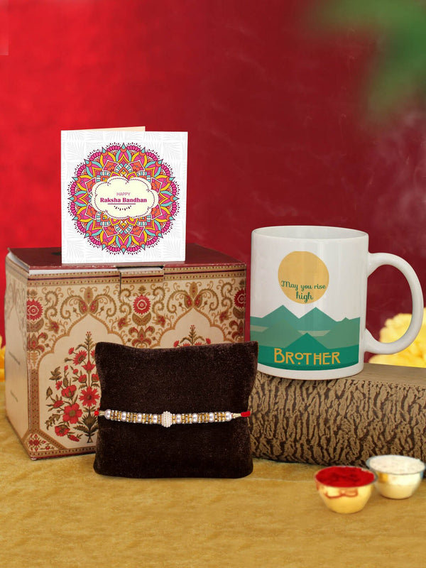 Red Rakhi with Coffee Mug & Greeting Card Combo Gift Set