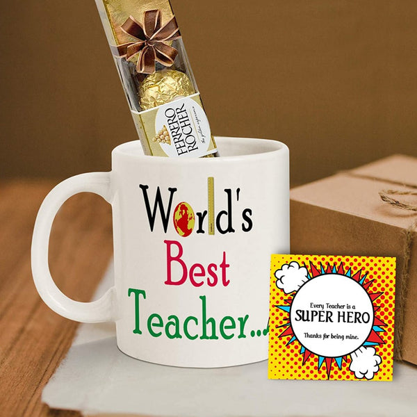 World Best Teachers Day Printed Ceramic Mug With Ferrero Rocher And Small Card Combo Gift