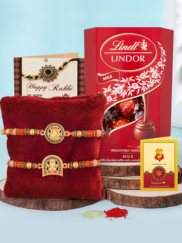 Divinity Antique Rudraksh Rakhi ( Set of 2) With Lindt Lindor Milk Chocolate Truffles Box