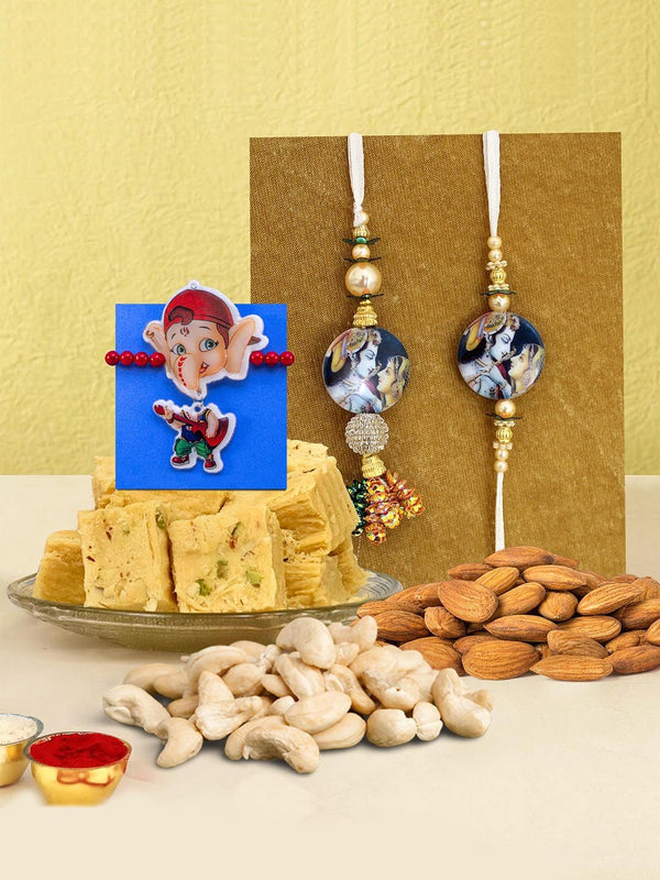 Rakhi for Bhaiya Bhabhi and Kids with Dry Fruits and Soan Papdi