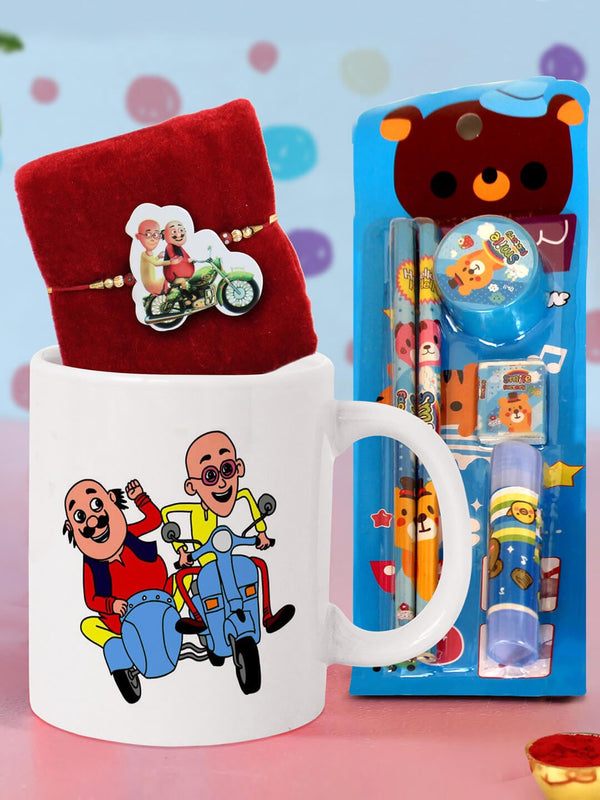 Assorted Rakhi with Coffee Mug & Stationary Kit Combo