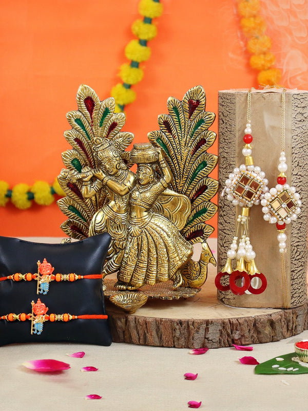 Multicoloured Radha Krishna Idol Showpieces & Roli Chawal Rakhi Gift Set