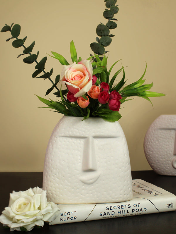 Ceramic Face Vase 6 inches (White, Matte Finish) Flower Pot