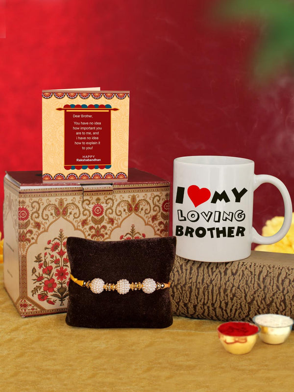 White & Golden Rakhi with Coffee Mug & Greeting Card