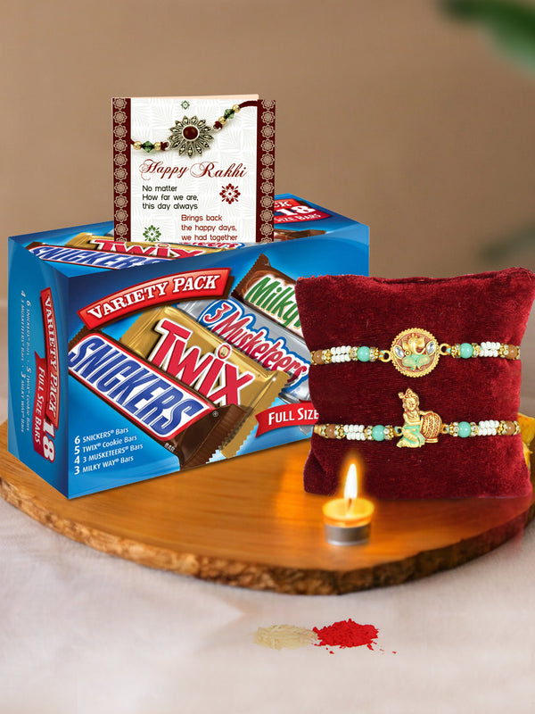 Spirituality Set of 2 Designer Rakhi With Snickers, Twix, 3 Musketeers & Milky Way Full Size Bars