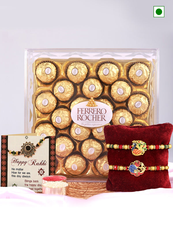 Pack of 2 Peacock Rakhi | Ferrero Rocher Chocolate (24 pcs) | Rakhi Card & Roli Chawal