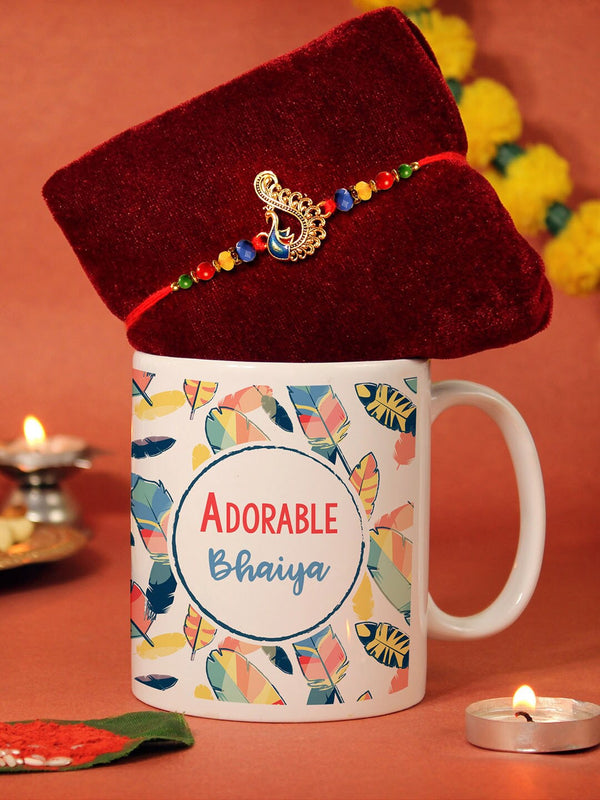 Peacock Rakhi with Coffee Mug & Greeting Card Gift Set