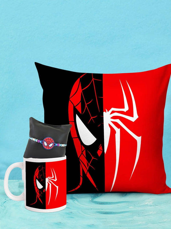 Red & Black Spiderman Rakhi with Coffee Mug & Cushion Combo