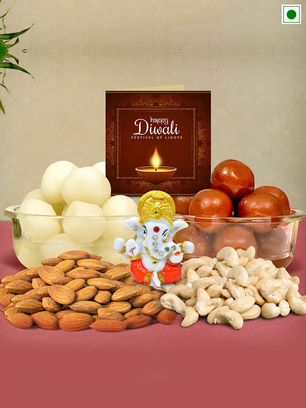 Diwali Gift with Sweets Dry Fruits Idol Statue and Card