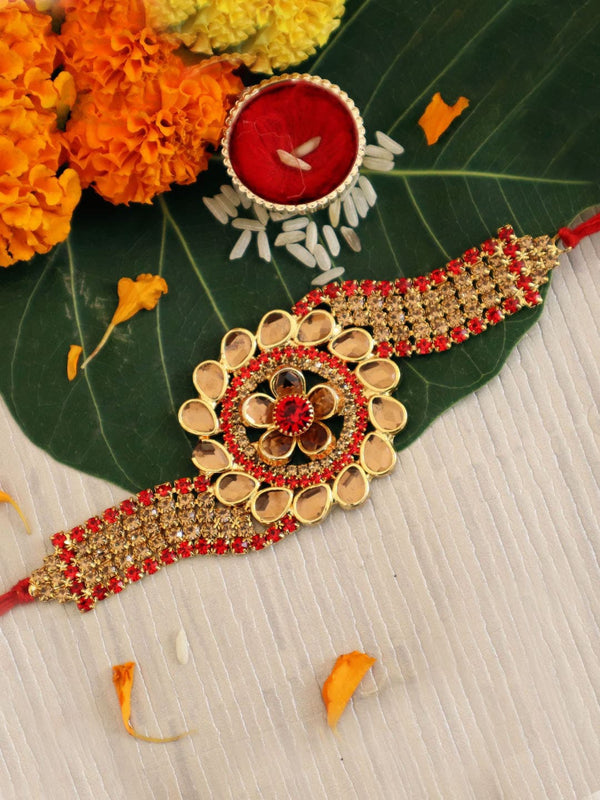 Designer Stoned-Studded Floral Rakhi with Card & Roli Chawal