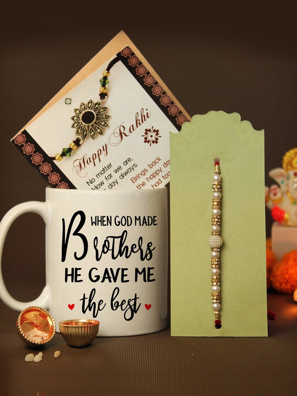 Pearl Rakhi for Brother with Mug & Card Gift Set