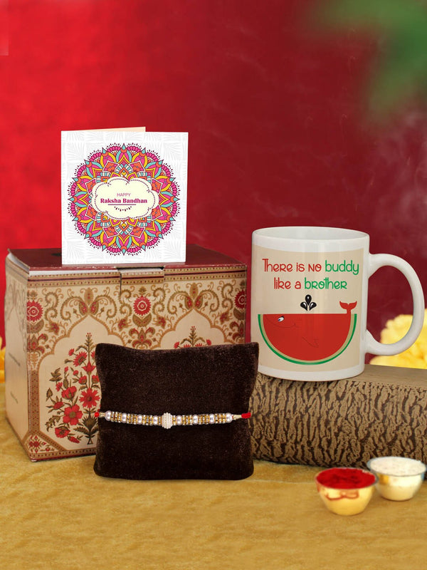Golden Rakhi with Coffee Mug & Greeting Card Combo