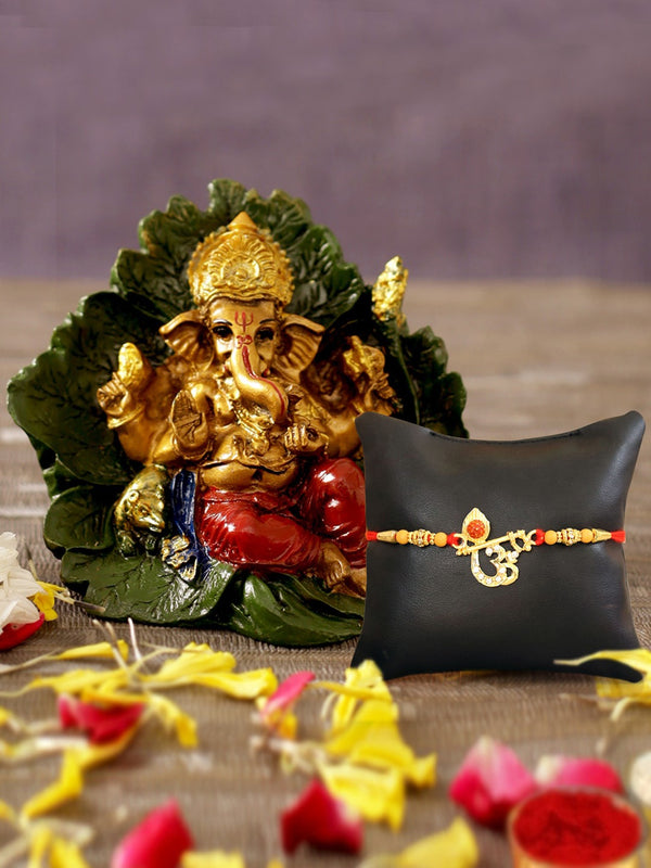 Gold-Toned & Red Rakhi for Brother with Ganesha Idol