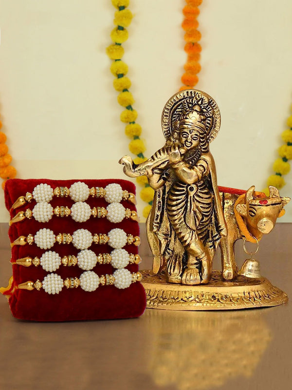 White & Gold-Toned Set of 5 Rakhi & Krishna with Cow Idol Gift Set