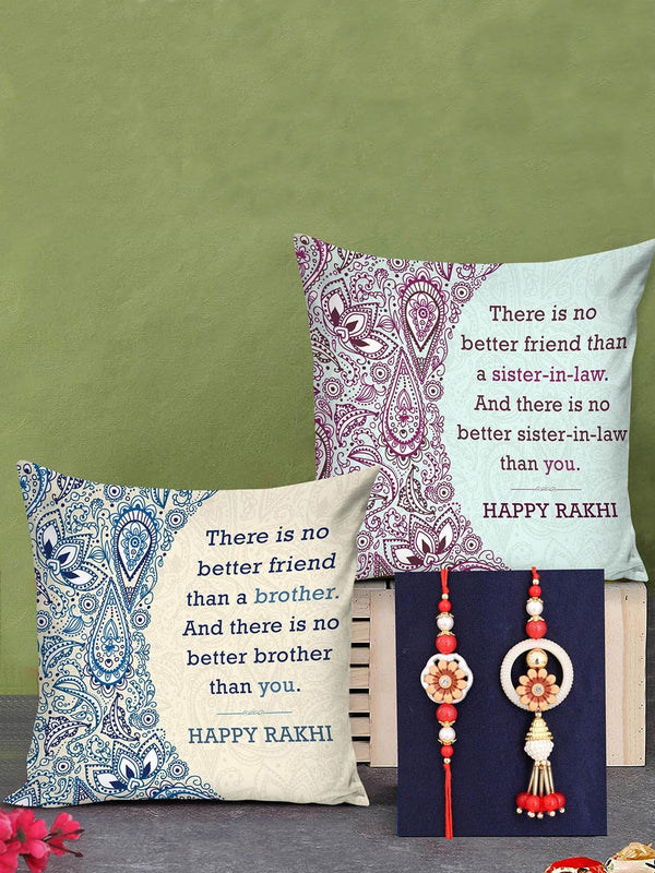 Red & Blue Bhaiya Bhabhi Lumba Rakhi with Printed Cushion Combo Gift Set