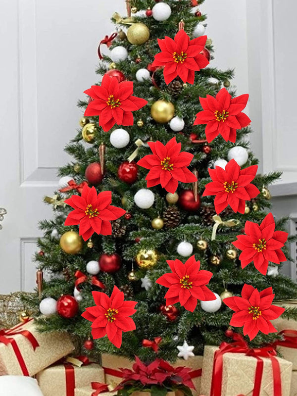 Red & Green Christmas Decoration Artificial Poinsettia Flowers Set Of 24