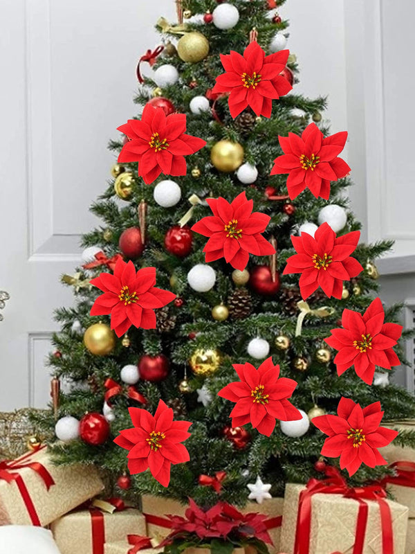 Red Christmas Decoration Artificial Poinsettia Flowers Set Of 24