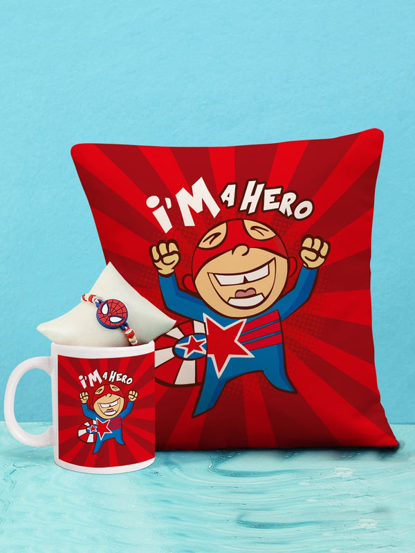 Kids Red Spiderman Rakhi Combo with Printed Cushion & Mug Gift