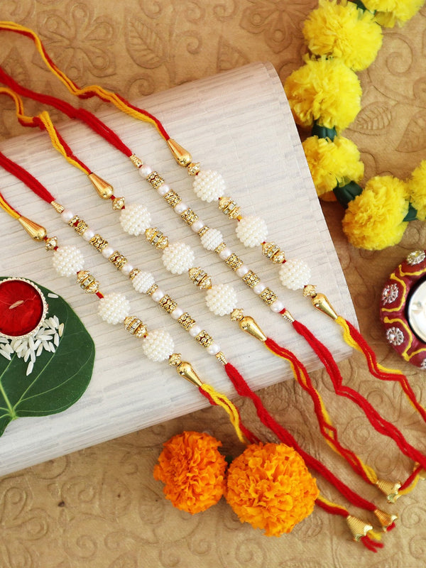 Set Of 5 White Pearl-Studded Rakhi With Card & Rolichawal