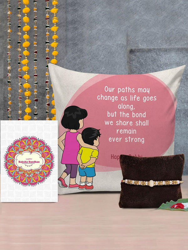 Multicoloured Designer Rakhi with Printed Cushion & Roli Chawal Gift Pack