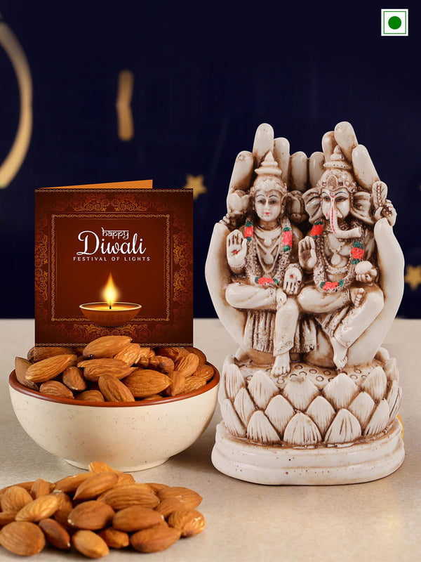 Diwali Gift Hamper with Dry Fruits Almonds Idol Statue & Card