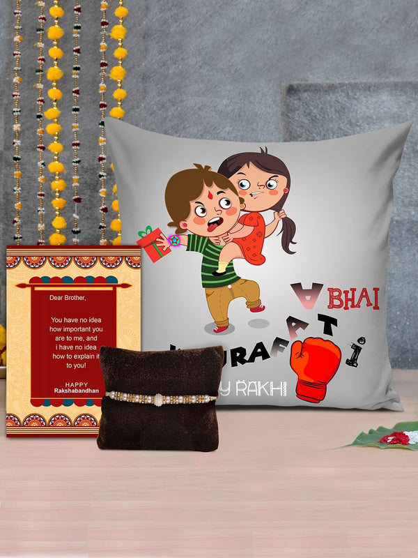 Designer Stone Rakhi with Printed Cushion Gift Set