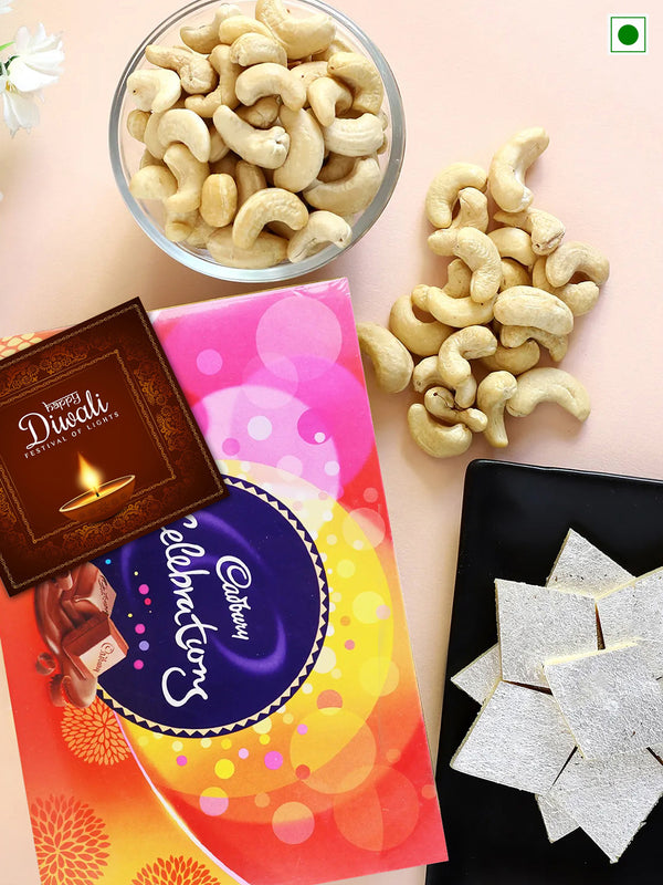 Diwali Gift Hamper with Sweets Kaju Katli Chocolates Cashew & Card