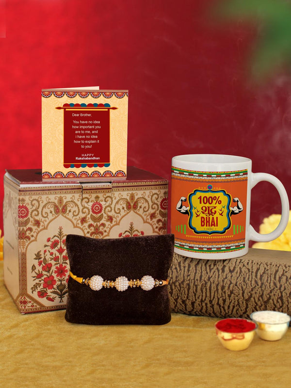 White & Red Rakhi with Coffee Mug & Greeting Card Combo
