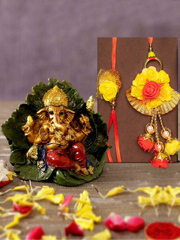 Bhaiya Bhabhi Floral Lumba Rakhi with Ganesha Idol