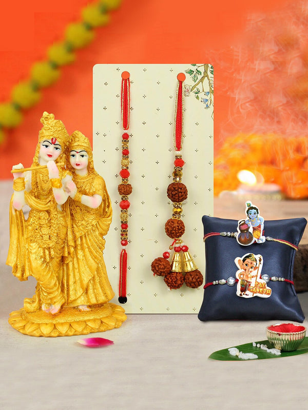 Set of 4 Bhaiya Bhabhi & Kids Family Rakhi Set With Radha Krishna Idol