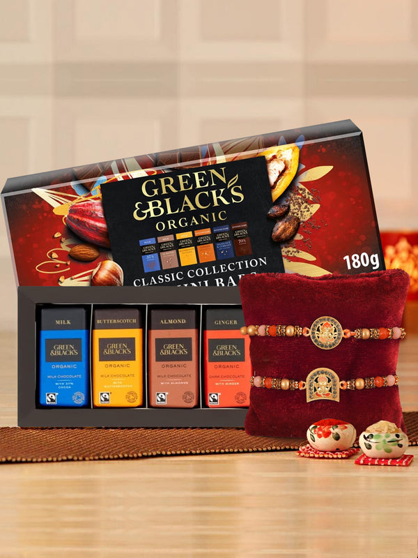 Rudraksh Rakhi Set of 2 With Green & Black's Organic Classic Milk & Dark Miniature Chocolate