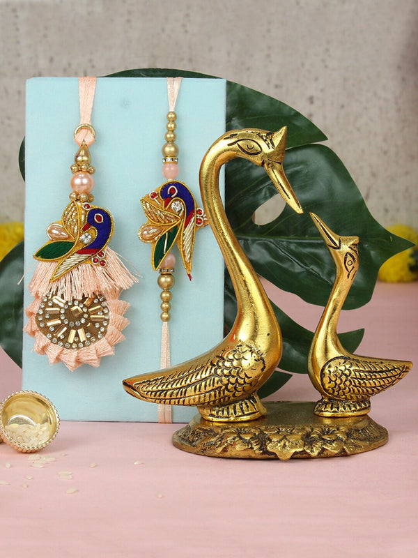 Lumba Rakhi for Brother and Bhabhi with Small Kissing Duck Statue Gift