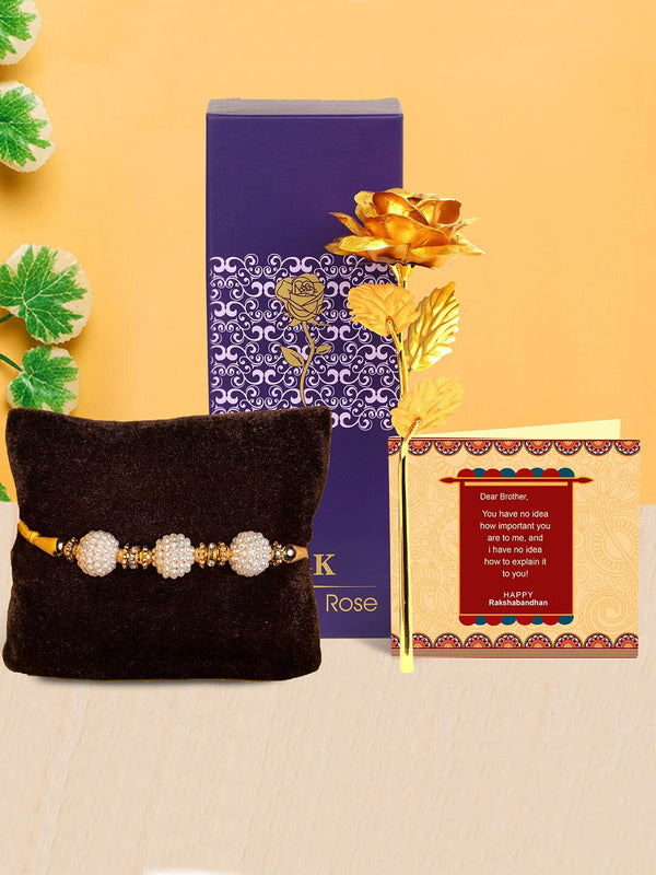 Premium Stone Rakhi with Gold Rose Gift Set