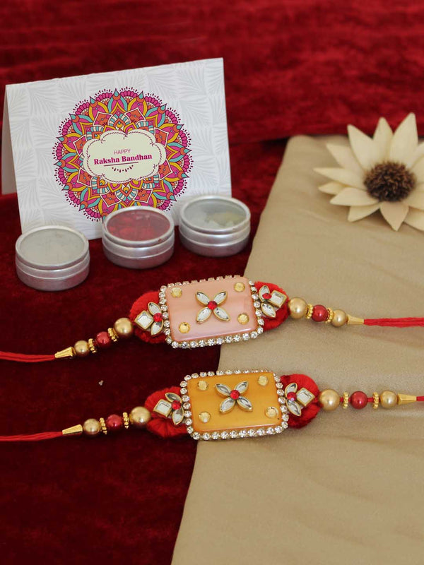 Set of 2 Handcrafted Rakhi with Roli Chawal & Card