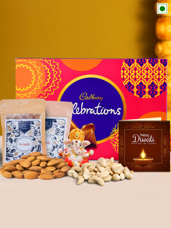 Diwali Gift Hamper With Chocolates Almonds Cashew Idol and Card