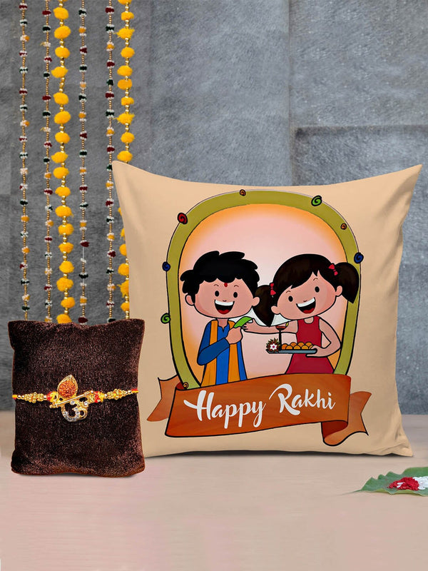 Yellow & Cream-coloured Cushion & Rakhi Gift Set
